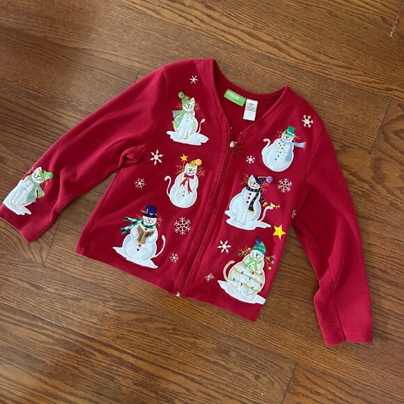 Vintage 80s Christmas CAT Full Zip Embroidered Sweater Size Petite Large Snowman - Picture 2 of 12